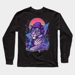 Tiger With Headphones Retro Music Vaporwave Long Sleeve T-Shirt